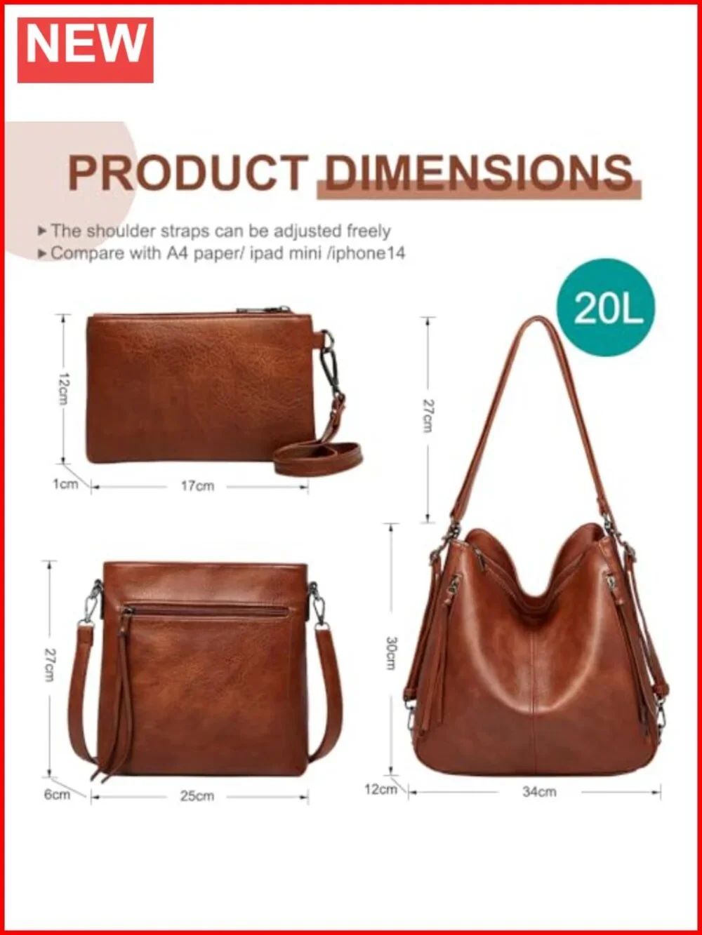 3pcs PU Leather Hobo Crossbody Bag Set Women Convertible Backpack Shoulder